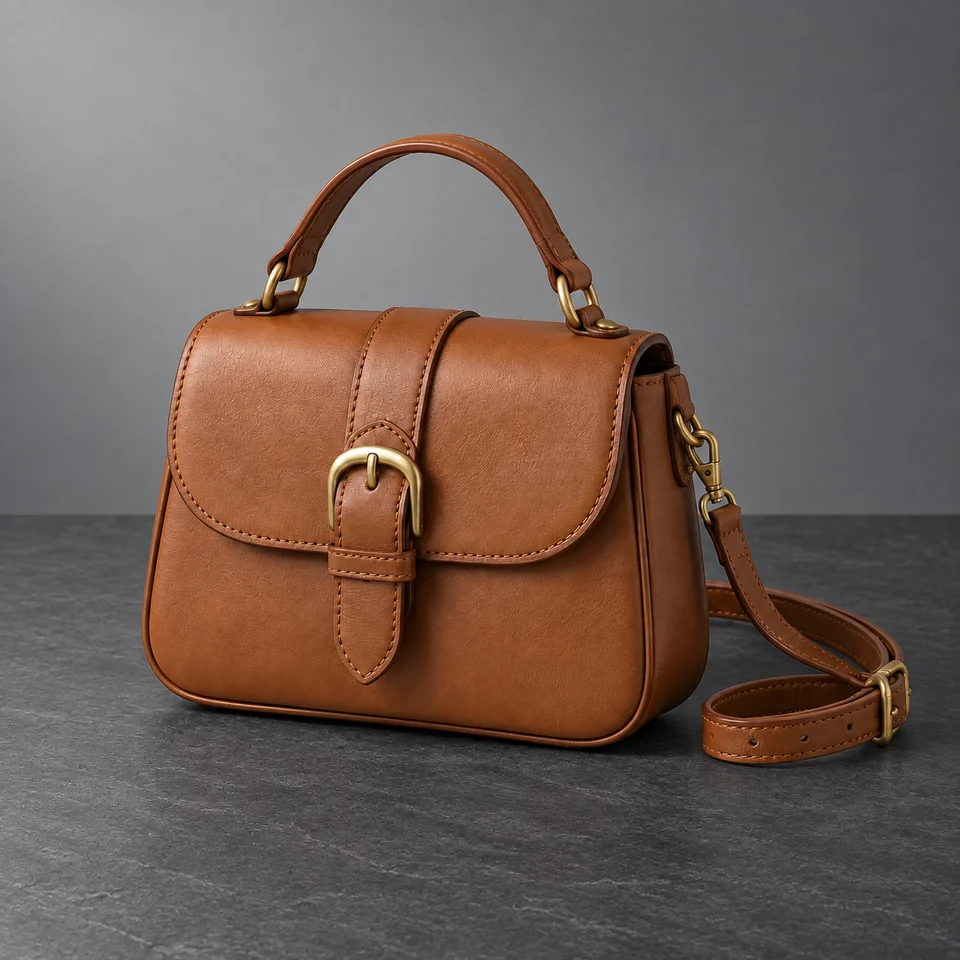 A charcoal slate backdrop for a brown handbag
