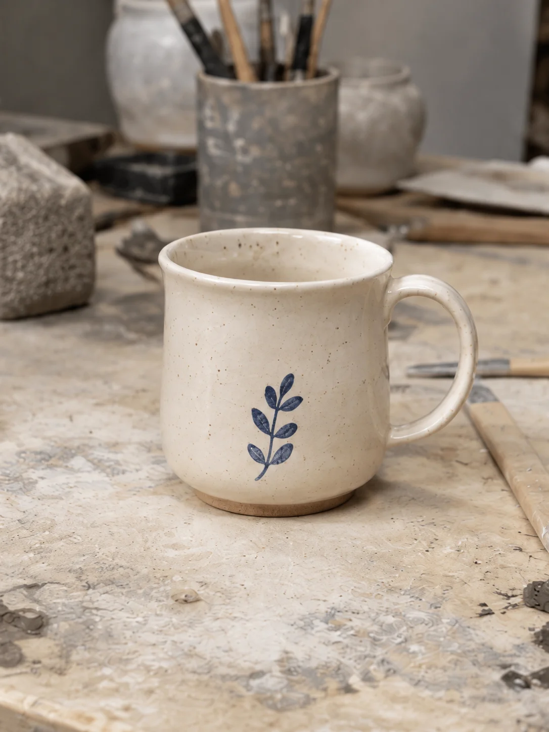 Original blue-leaf ceramic mug on a workbench